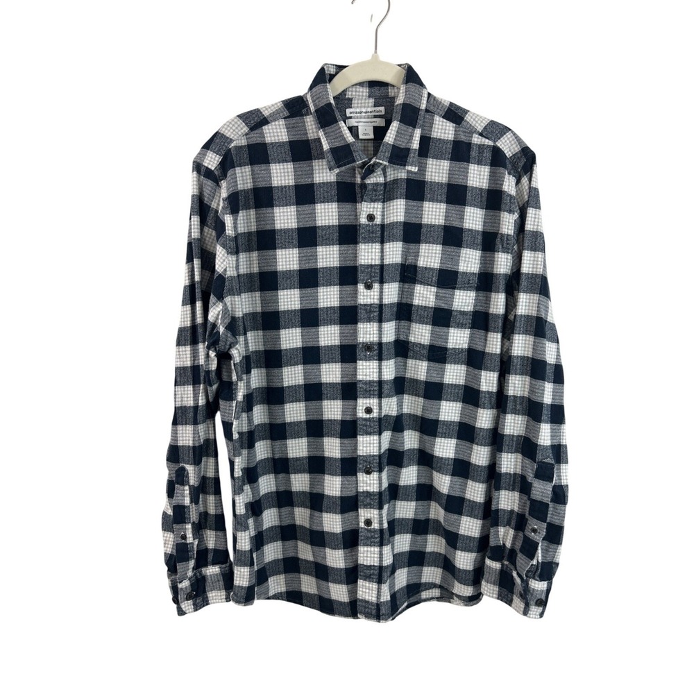 Amazon Essentials Men L Button Up Gray Black White Flannel Shirt Long Sleeves